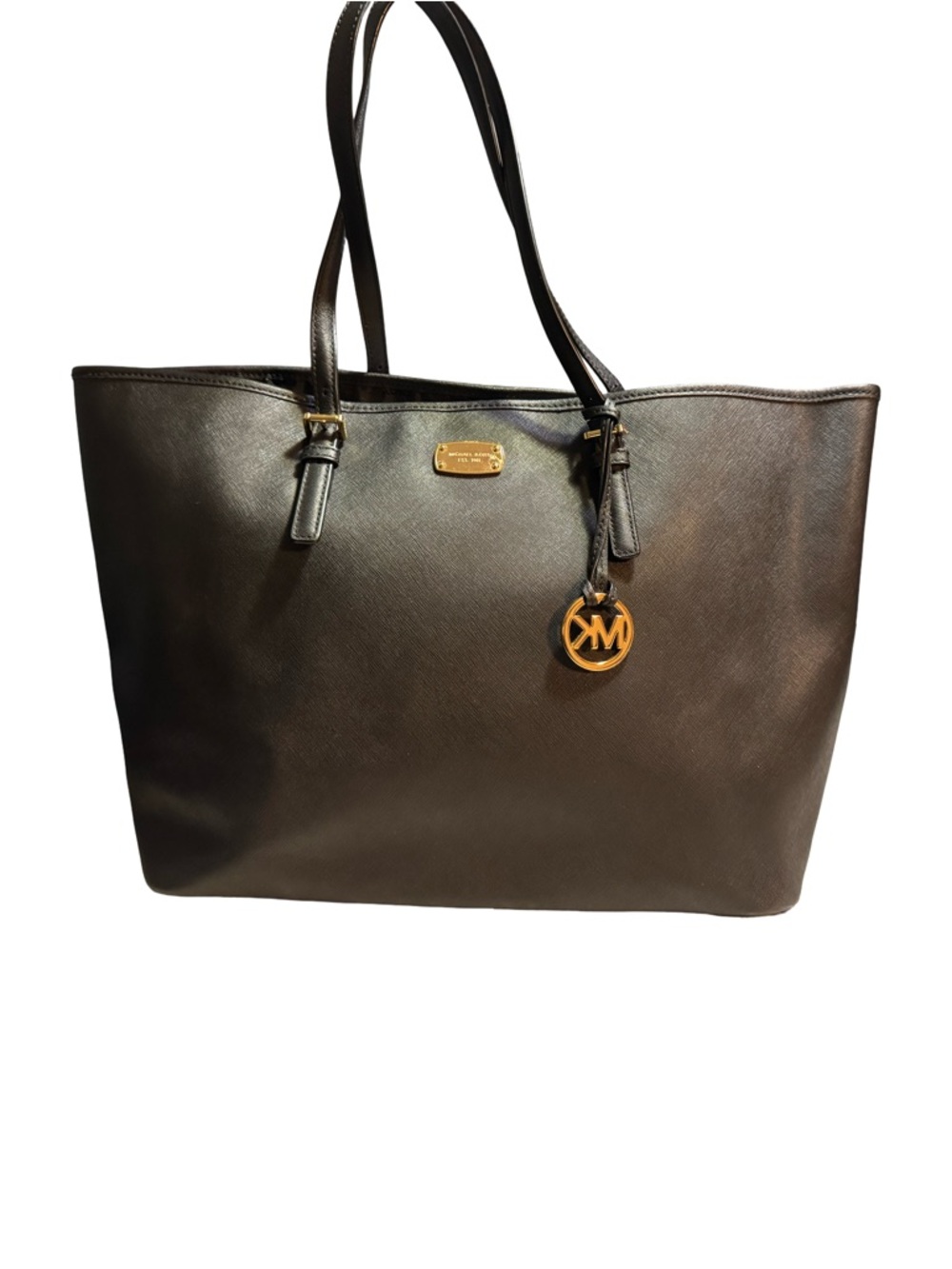 Michael Kors Dark Brown Saffiano Leather Tote with Gold Logo Charm